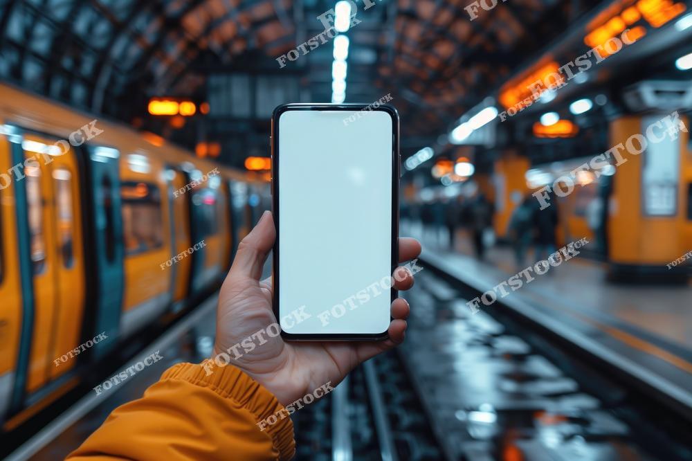 На фотографии изображен человек, держащий смартфон с пустым экраном на фоне ярко-оранжевых поездов метро. Станция с освещением и движением пассажиров отражает динамику городской жизни. Снимок символизирует связь технологий и транспорта в повседневной жизни.