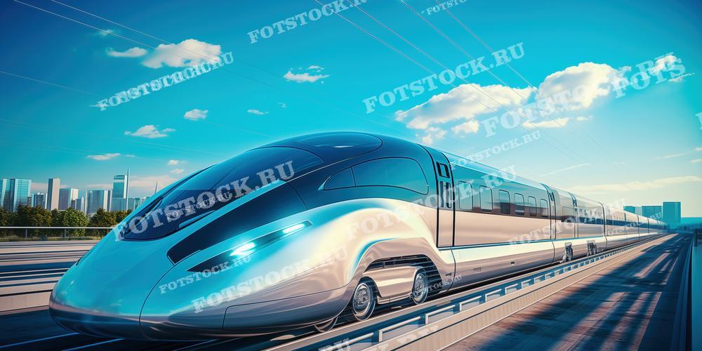 Фотография скоростного поезда, движущегося по железнодорожной линии на фоне городского пейзажа днем. Яркий солнечный свет подчеркивает инновационный дизайн и высокую скорость современного транспорта.