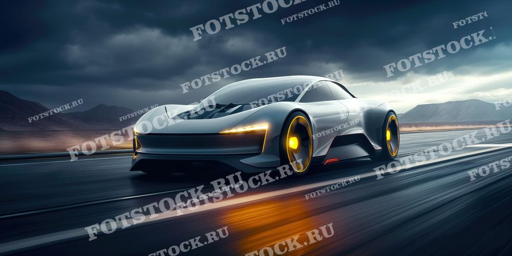 Фотография современного спортивного автомобиля, движущегося по трассе в сумеречное время. Темное небо и световые эффекты подчеркивают мощь и стиль высокоскоростного автомобиля.