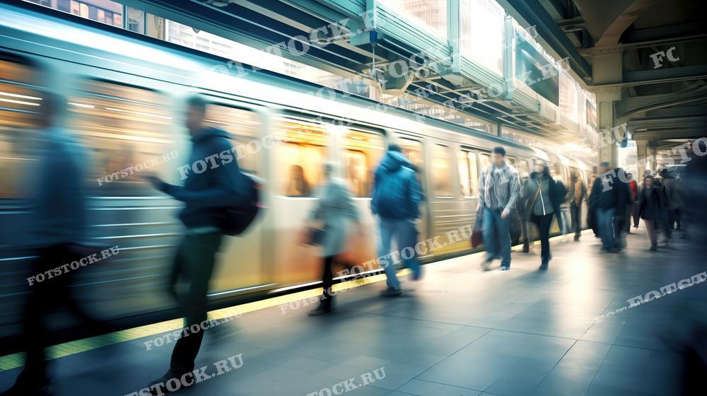 Фотография людей на платформе метро в час пик. Размытые фигуры и движение поезда создают ощущение динамики и суеты городской жизни, подчеркивая важность общественного транспорта в повседневной жизни мегаполиса.