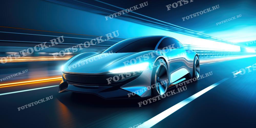 На фотографии изображен футуристический автомобиль, мчащийся по дороге на высокой скорости. Яркое освещение и динамичные линии подчеркивают передовые технологии и высокую скорость, демонстрируя транспорт будущего.