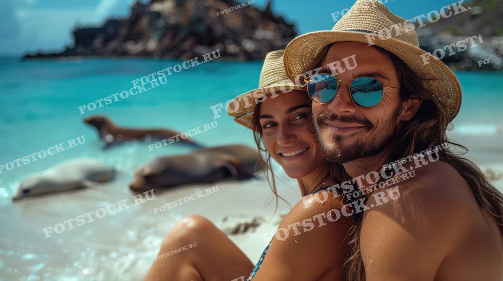 На фотографии изображена пара в соломенных шляпах, сидящая на пляже с морскими львами на Галапагосских островах. Они улыбаются и наслаждаются временем вместе. Вода бирюзового цвета и белый песок создают идеальную атмосферу для отдыха и приключений на природе.
