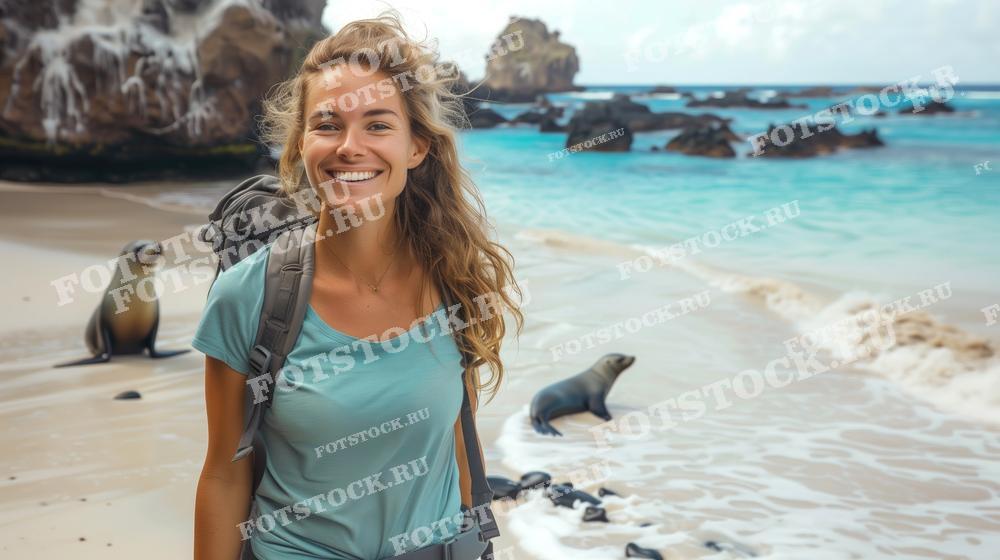 На фотографии изображена улыбающаяся женщина с рюкзаком, стоящая на пляже с морскими львами на Галапагосских островах. Бирюзовая вода и белый песок создают идеальную атмосферу для приключений и отдыха на природе. На заднем плане видны морские львы, добавляя экзотический элемент к сцене.