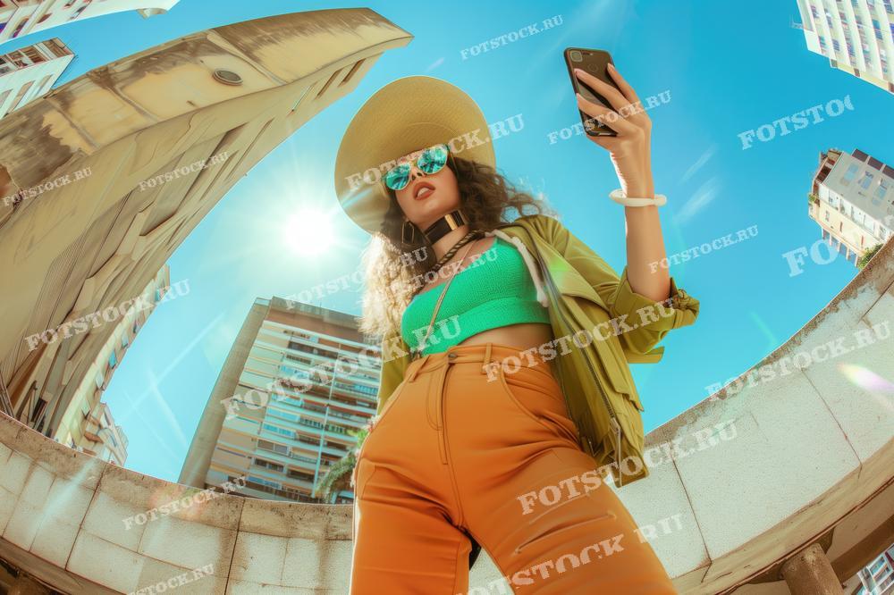 На фотографии изображена молодая женщина в стильной и яркой одежде, стоящая на фоне высотных зданий. Она носит большие солнцезащитные очки и широкополую шляпу, создавая образ современной городской модницы.