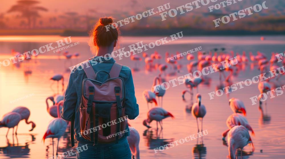 На фотографии изображен человек с рюкзаком, стоящий на берегу озера Накуру и наблюдающий за фламинго при закате. Сцена наполнена мягким светом заката, подчеркивающим спокойствие и красоту этого природного пейзажа в Кении.