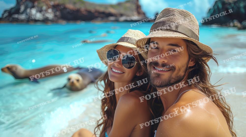 На фотографии изображены мужчина и женщина в шляпах, сидящие на пляже с морскими львами на Галапагосских островах. Вода голубая и чистая, на заднем плане видны скалы. Пара улыбается и наслаждается моментом в окружении дикой природы.