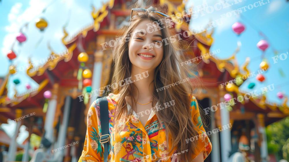 На фотографии изображена молодая женщина в яркой желтой рубашке с узором, стоящая на фоне традиционного тайского храма. Женщина улыбается, наслаждаясь моментом. Храм украшен яркими декоративными элементами и фонариками, на фоне голубого неба.