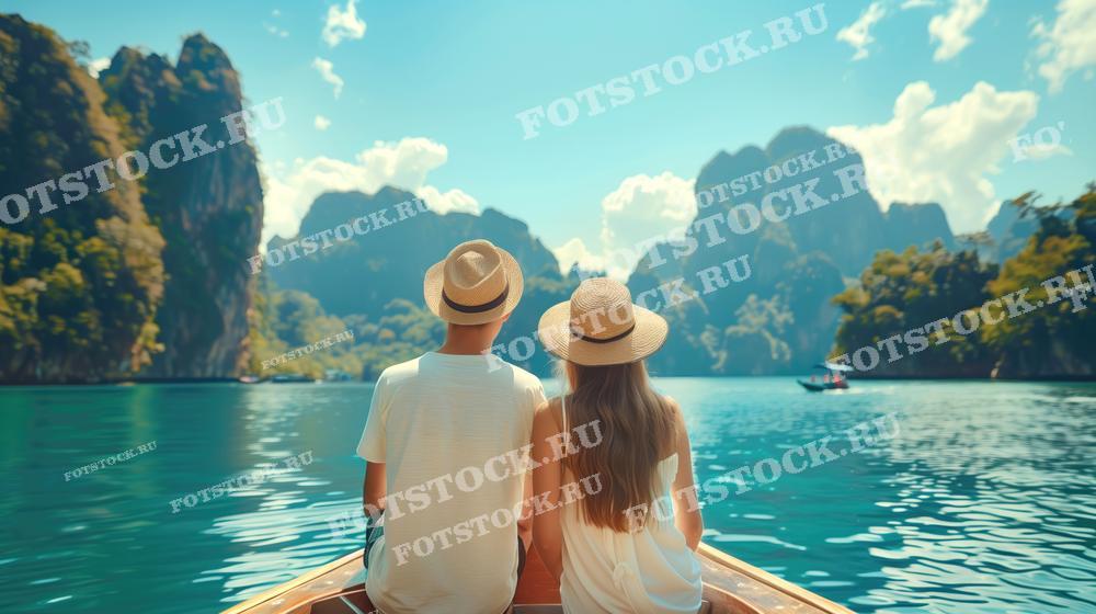 На фотографии изображена пара, сидящая в лодке и любующаяся живописным видом на горы и озеро в Таиланде. Яркий солнечный день, спокойная вода и величественные горы создают атмосферу романтики и умиротворения. Этот снимок подчеркивает красоту совместных путешествий и единения с природой в Таиланде.