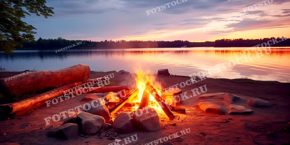 На фотографии изображен костер на берегу озера в вечернее время. Яркие языки пламени освещают камни и бревна, лежащие вокруг костра. На заднем плане виднеется спокойная гладь озера и лесистый берег, а закатное небо окрашено в теплые тона, создавая атмосферу уюта и спокойствия. Это изображение может быть использовано для рекламы кемпингов, туристических агентств, а также в статьях и блогах о природе и отдыхе на свежем воздухе.