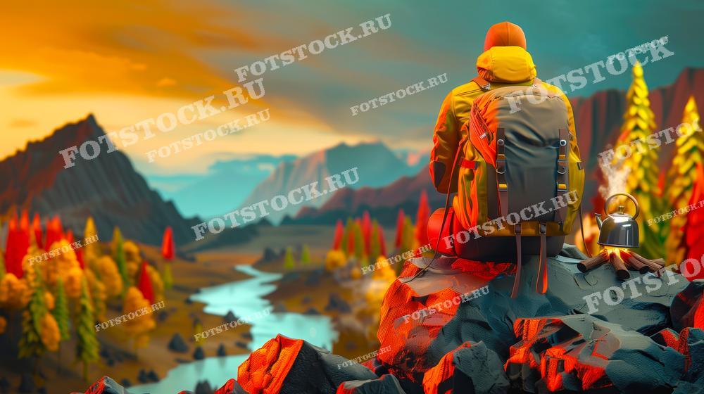 На фотографии изображен турист, сидящий на скале и наслаждающийся видом на осенний пейзаж в горах. Рядом с ним находится котелок, греющийся на костре. Осенние деревья и извилистая река создают живописный вид, подчеркивающий красоту природы и атмосферу спокойствия.