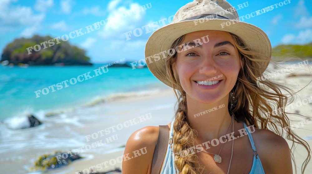 Фотография улыбающейся молодой женщины в шляпе на фоне красивого пляжа с белым песком и бирюзовой водой в Эквадоре. Это изображение передает радость и наслаждение летним отдыхом на морском побережье.