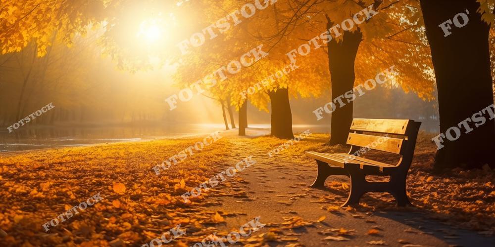 На фотографии изображена скамейка в парке, окруженная опавшими листьями и деревьями в золотистой осенней листве. Солнечные лучи пробиваются сквозь кроны, создавая мягкое освещение и тёплую атмосферу. Сцена передает ощущение покоя и уединения в природе.