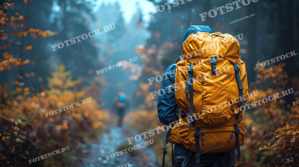 На фотографии изображен турист с большим оранжевым рюкзаком, идущий по лесной тропе в дождливую погоду. Турист одет в дождевик и несет треккинговые палки. Лес вокруг него окрашен в осенние цвета, создавая красивый контраст с серым небом и дождем. Вдалеке виден еще один турист, идущий по той же тропе. Это изображение может быть использовано для рекламы туристического снаряжения, приключенческих туров, а также в статьях и блогах о походах и активном отдыхе.
