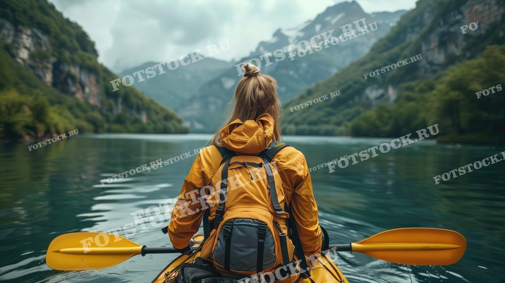 На фотографии изображена женщина в ярко-оранжевой куртке, сидящая на каяке в горном озере. Её спина повернута к камере, она гребет веслом по спокойной воде. Вокруг простираются горы, покрытые зелеными лесами, создавая атмосферу уединения и гармонии с природой.