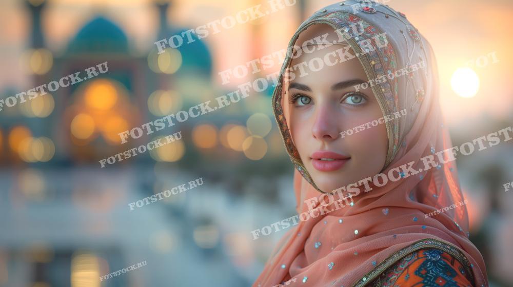 На фотографии изображена женщина в красивом хиджабе, стоящая на фоне мечети на закате. Её лицо освещено мягким светом заходящего солнца, создавая атмосферу тепла и умиротворения. Вдалеке видны купола мечети, которые подчеркивают культурное богатство сцены.