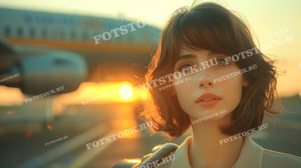 На фотографии изображена женщина с короткими волосами, стоящая на фоне самолета во время заката. Её лицо освещено мягкими лучами заходящего солнца, создавая теплую и спокойную атмосферу. Сцена передает ощущение ожидания и предвкушения путешествия.