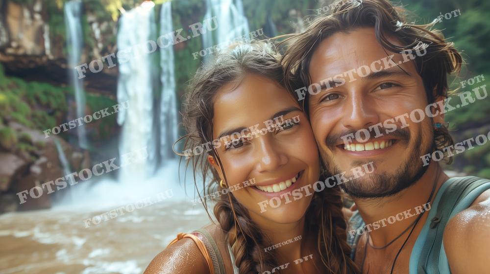 На фотографии изображена счастливая пара, делающая селфи на фоне водопада Игуасу. Они улыбаются и обнимаются, наслаждаясь моментом и красотой природы вокруг. Водопад и зелень в фоновом плане подчеркивают атмосферу радости и приключений.