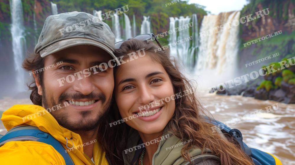 На фотографии изображена счастливая пара, делающая селфи на фоне водопада Игуасу. Они улыбаются и обнимаются, наслаждаясь моментом и красотой природы. Водопад и зелень в фоновом плане подчеркивают атмосферу радости и приключений.