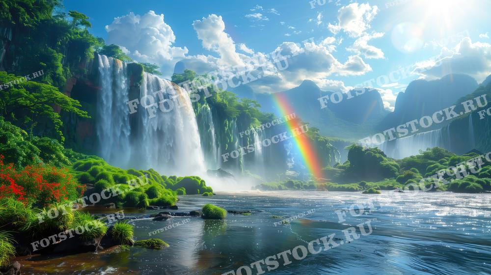 На фотографии изображен водопад Игуасу, расположенный в тропическом лесу. Вода мощно спадает с большой высоты, окруженная густой зеленью и цветами. В тумане, образованном падающей водой, видна радуга, а яркое солнце добавляет картине сияния и красоты.
