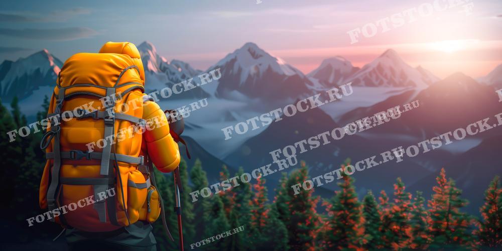 На фотографии изображен турист с большим оранжевым рюкзаком, стоящий на фоне горного пейзажа во время заката. Он смотрит на заснеженные вершины и зеленые леса внизу, наслаждаясь красотой природы. Закат окрашивает небо и горы в теплые оттенки, создавая атмосферу спокойствия и величия.