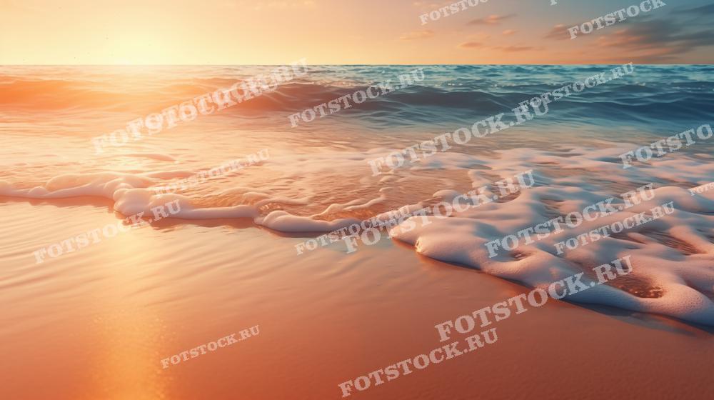На фотографии изображен берег океана во время заката. Вода нежно накатывает на песчаный пляж, закатное солнце окрашивает небо и воду в теплые оттенки оранжевого и розового, создавая умиротворяющую атмосферу. Эта фотография может быть использована для иллюстрации материалов о пляжном отдыхе, романтических путешествиях и природе, а также в рекламных кампаниях туристических агентств и курортов.