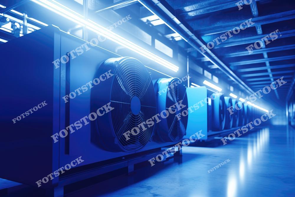 Фотография серверной комнаты с рядом промышленных вентиляторов и систем охлаждения. Яркий синий свет подчеркивает высокотехнологичную атмосферу и организацию инфраструктуры. Оборудование предназначено для поддержания стабильной работы серверов в условиях высокой нагрузки.