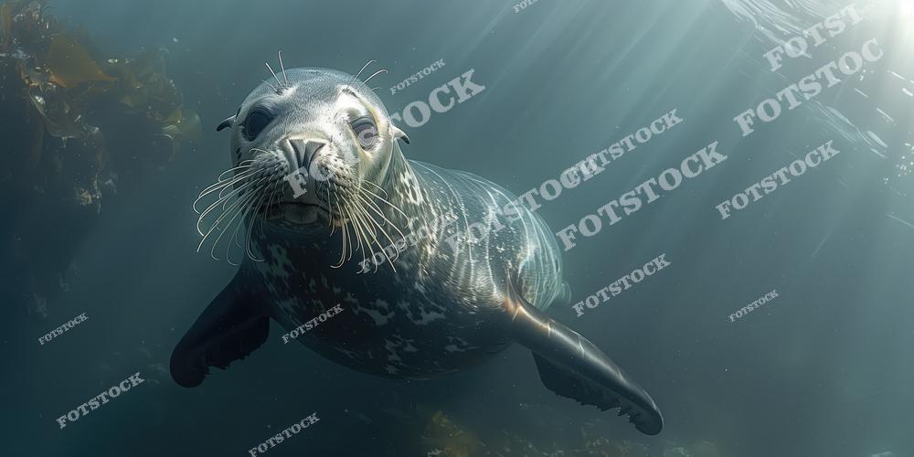 На фотографии изображён морской тюлень, плавающий под водой среди морских водорослей в лучах солнечного света. Снимок передаёт красоту подводного мира и изящность движений морских обитателей. Световые блики создают атмосферу загадочности и спокойствия.