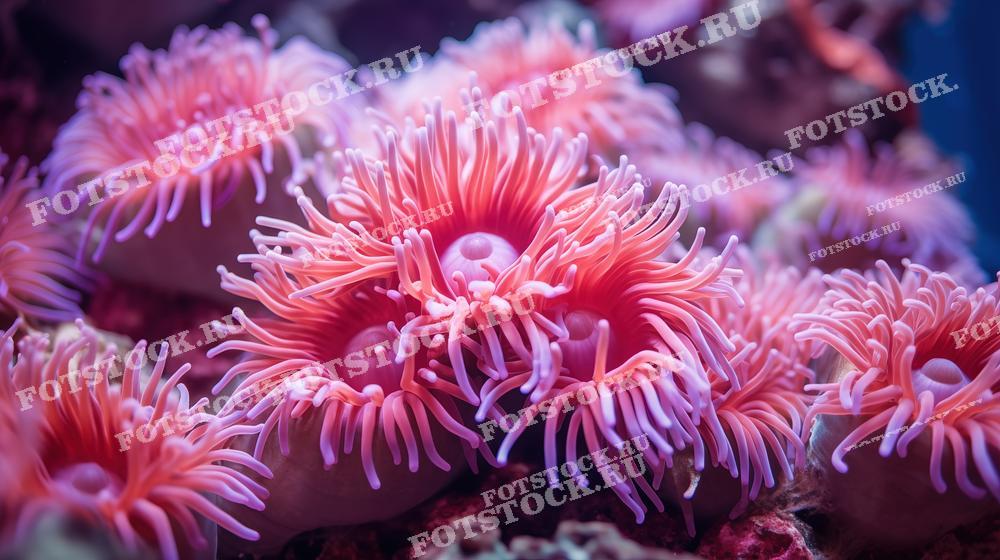 Фотография коралловых полипов крупным планом, демонстрирующая их яркие и красочные щупальца. Эти морские анемоны обитают на коралловом рифе, создавая живописное подводное зрелище.