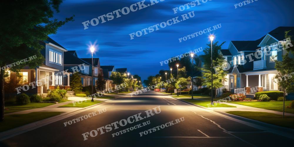 На фотографии изображена тихая ночная улица в жилом районе. Дома вдоль улицы освещены уличными фонарями и светом из окон, создавая уютную и спокойную атмосферу. Улица чистая и пустая, с ухоженными газонами и деревьями. Мягкий голубой оттенок ночного неба придает сцене дополнительное очарование. Эта фотография может быть использована для иллюстрации жилых районов в рекламных материалах по недвижимости, статьях о городском планировании, а также в журналах и брошюрах по дизайну и архитектуре.