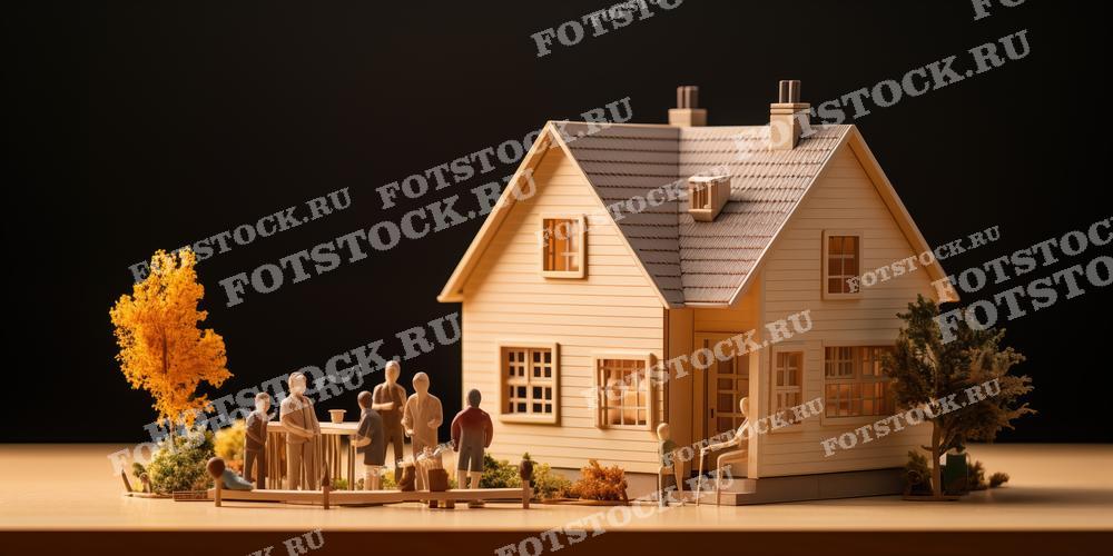 На изображении показан макет загородного дома с небольшим участком и фигурками людей. Дом выполнен в традиционном стиле с двускатной крышей и несколькими окнами. Фигурки людей, размещенные вокруг дома, создают атмосферу общения и жизни. Данная фотография может быть использована в архитектурных проектах, презентациях, рекламных материалах строительных компаний, а также в статьях о загородной жизни и недвижимости.