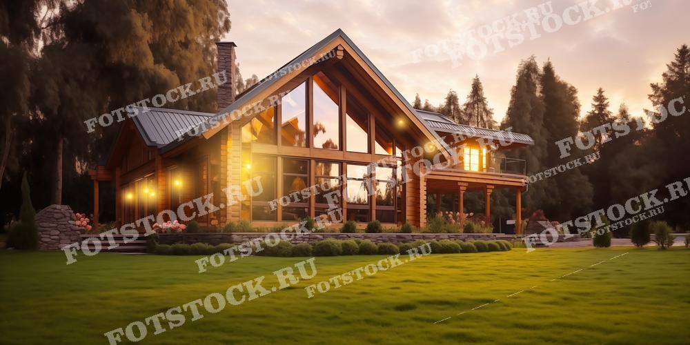На фотографии изображен красивый деревянный дом в стиле шале на фоне закатного неба. Дом окружен зеленым газоном и высокими деревьями, что создает ощущение уединенности и гармонии с природой. Основные конструктивные элементы дома — большие панорамные окна и массивные деревянные балки. Внутреннее и внешнее освещение придает атмосферу уюта и тепла. Это изображение идеально подходит для журналов и каталогов по архитектуре, интерьеру и ландшафтному дизайну, а также может быть использовано застройщиками в качестве рекламного материала.