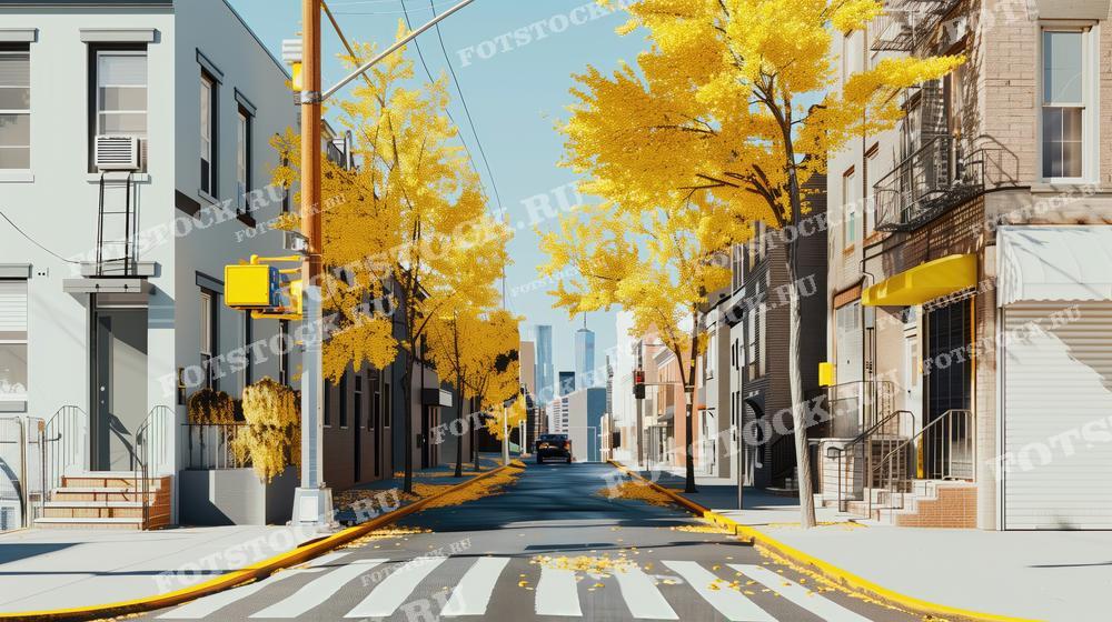 На фотографии изображена осенняя улица в жилом районе города. Эта фотография может быть использована в материалах по недвижимости, статьях о городском планировании, а также в туристических буклетах и рекламных материалах.