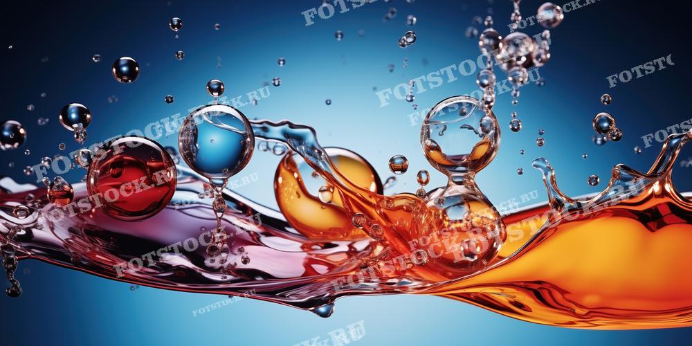 На фотографии изображены капли воды и жидкости различных оттенков, взрывающиеся в воздухе на голубом фоне. Изображение подходит для использования в научных или образовательных материалах, рекламе напитков или как фон в творческих проектах, требующих элементов движения и цвета.