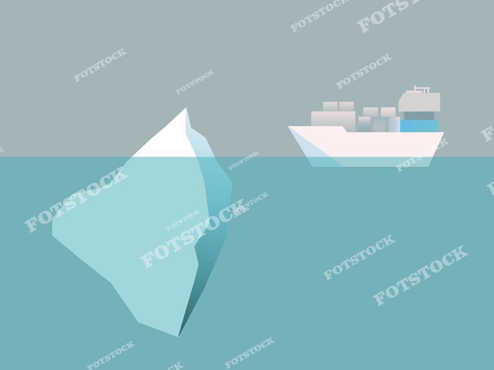 На иллюстрации изображены контейнеровоз и айсберг в море. Контейнеровоз движется по водной поверхности, а большая часть айсберга скрыта под водой, демонстрируя опасность для судоходства. Изображение символизирует скрытые риски и необходимость осторожности в транспортировке.