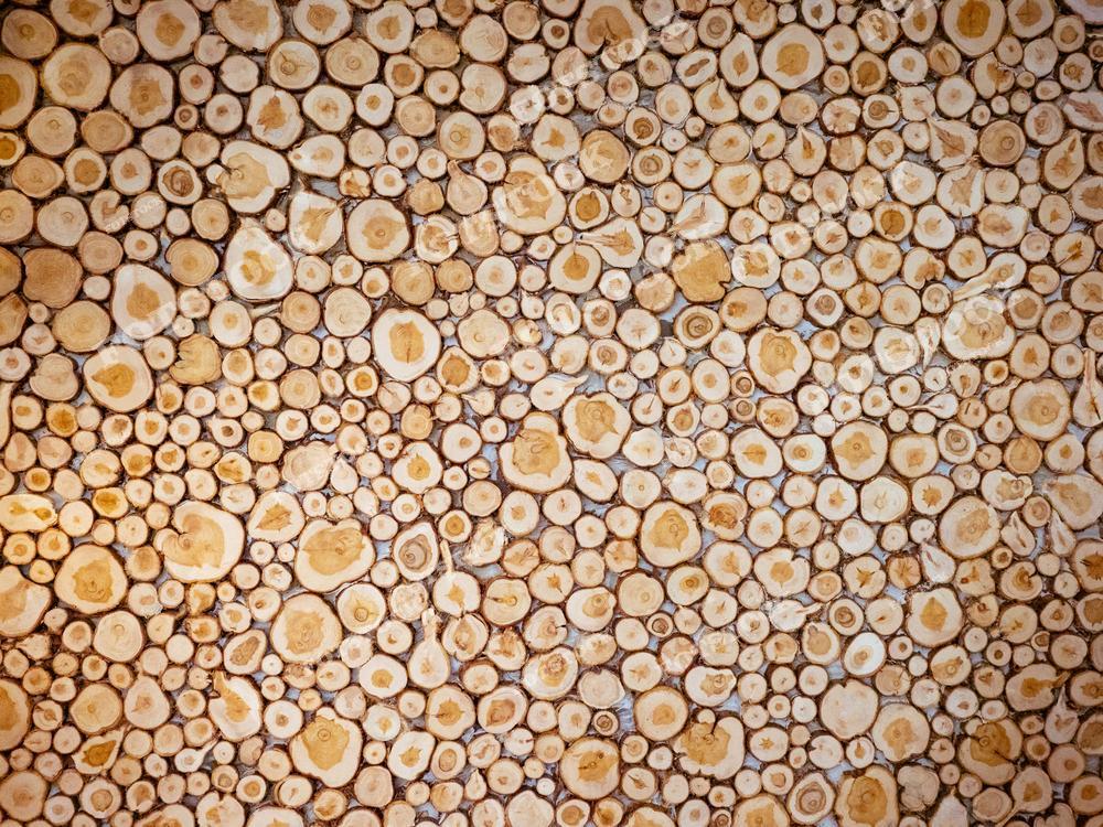 Фотография крупным планом показывает стену, выложенную срезами деревянных стволов и ветвей, различающихся по диаметру. Эта композиция создает выразительную текстуру с натуральным узором и теплыми древесными оттенками. Подходит для тем, связанных с дизайном интерьера, экологией и природными материалами.