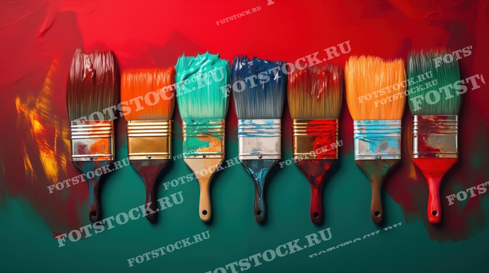 На фотографии изображены семь кистей для рисования с ярко окрашенными концами, расположенными в ряд на контрастном фоне из красного и зелёного цветов. Каждая кисть пропитана краской различных цветов, таких как красный, оранжевый, голубой и т.д., и оставляет уникальный след. Это изображение идеально подходит для использования в рекламных материалах для художественных магазинов, образовательных учреждений, а также может служить креативным фоном для веб-сайтов и принтов.