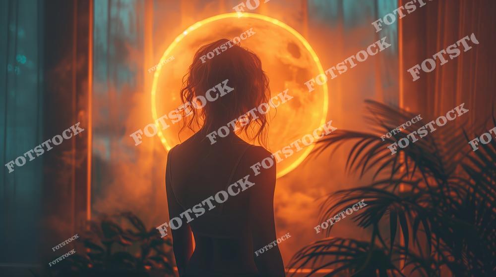 На фотографии изображена девушка, стоящая спиной к зрителю на фоне яркого круга света, напоминающего солнце или луну. Обстановка окутана мягким светом и туманом, создавая загадочную атмосферу.