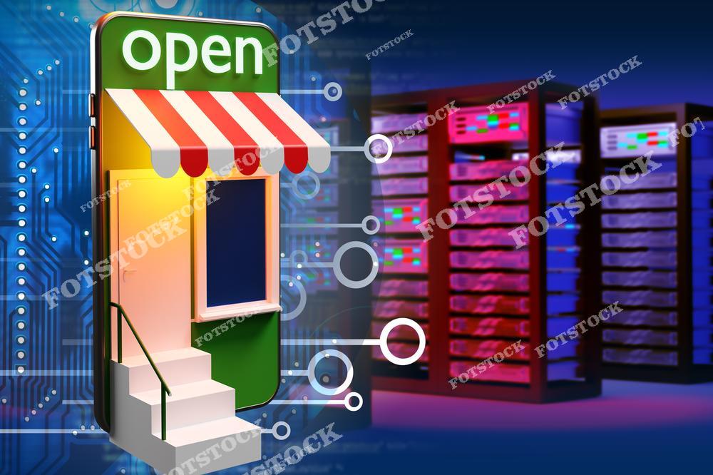 На изображении показан вход в магазин с вывеской "Open", встроенный в смартфон, на фоне серверных стоек. Элементы цифровых схем на заднем плане подчеркивают концепцию электронной коммерции и работы онлайн-магазинов. Подходит для иллюстрации тем, связанных с интернет-торговлей, цифровым бизнесом и технологиями.