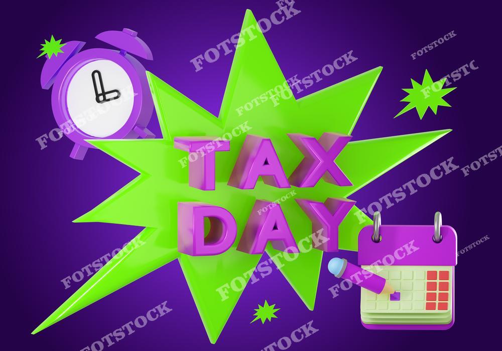 На изображении ярко выделена надпись "Tax Day" с окружением элементов, таких как будильник и календарь, на фиолетовом фоне. Композиция символизирует срок уплаты налогов и важность своевременного выполнения налоговых обязательств. Подходит для иллюстрации тем, связанных с налогами, финансовыми обязательствами и бухгалтерией.