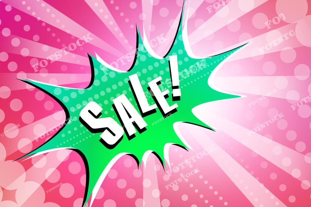 На изображении яркий баннер в стиле поп-арта с надписью "SALE!" на зеленом фоне, окруженном розовыми лучами и точками. Дизайн подчеркивает внимание на скидках и акциях. Снимок символизирует рекламные кампании и маркетинговые стратегии.
