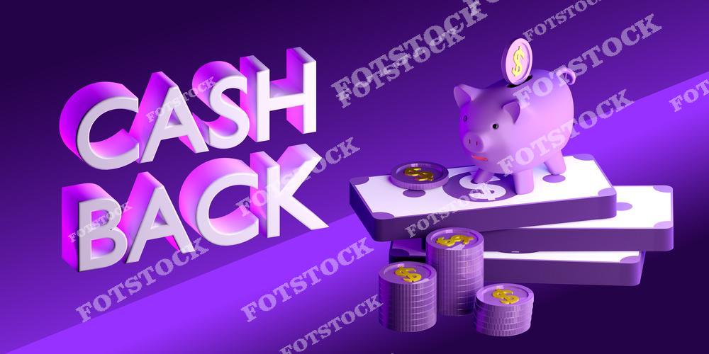 На изображении яркая надпись "Cash Back" с элементами в виде копилки, монет и банкнот, выполненная в фиолетовых тонах. Эта композиция символизирует финансовую выгоду, возврат средств и экономические стимулы.