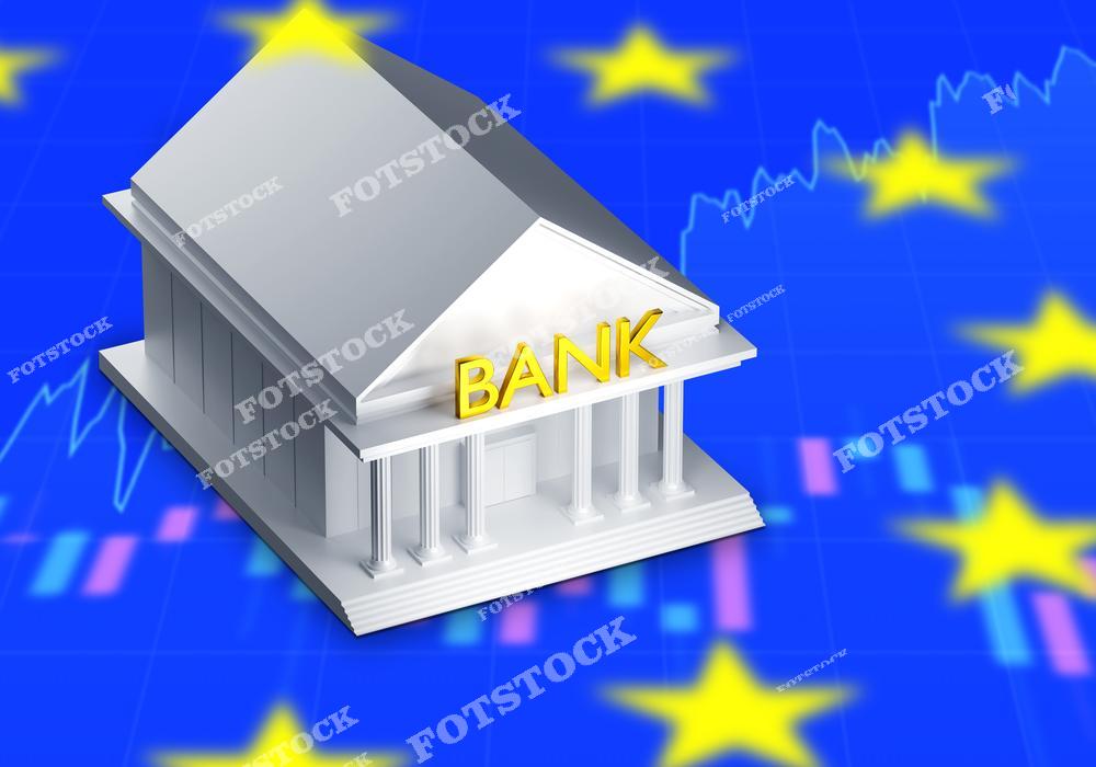 На изображении здание банка с надписью «BANK» на фоне синего флага Европейского союза с желтыми звездами. Графики на заднем плане символизируют динамику финансового рынка. Фото ассоциируется с темами европейской экономики, банковской системы и финансовой стабильности.
