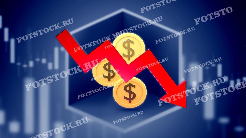 Красная стрелка, указывающая вниз, и золотые монеты на фоне графиков, символизируют финансовый спад и падение стоимости активов. Графики на заднем плане усиливают ощущение экономического кризиса.