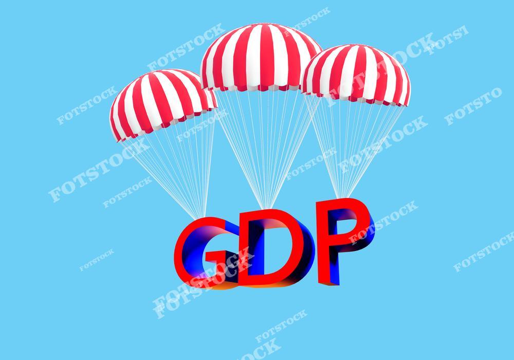 На изображении буквы "GDP" (ВВП) спускаются на трех парашютах в бело-красных цветах на голубом фоне. Иллюстрация символизирует меры по поддержке экономики, экономическую стабилизацию и предотвращение резкого падения показателей ВВП.
