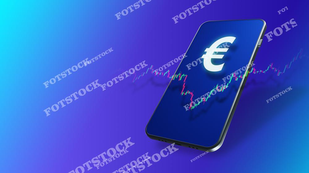 На изображении изображен смартфон с графиком валютных колебаний и символом евро на экране. Это символизирует использование цифровых технологий в трейдинге и финансовых операциях с валютой.