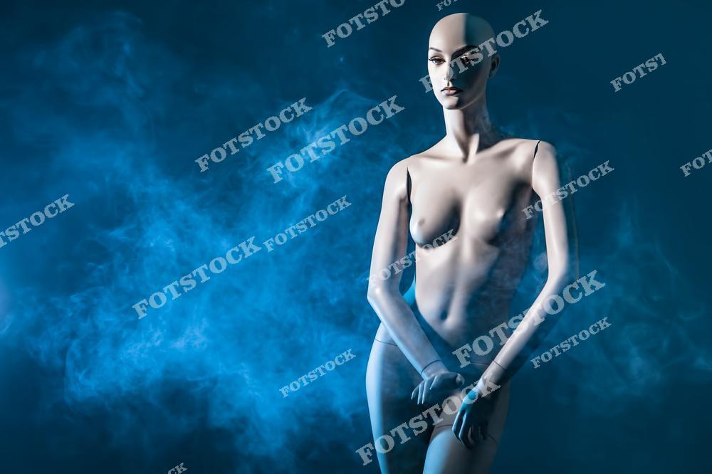 На фотографии изображён женский манекен без одежды, стоящий на фоне тёмно-синей дымки. Жёсткое освещение создаёт резкие тени и выделяет анатомические линии. Сцена передаёт атмосферу отстранённости, искусственности и безмолвия.