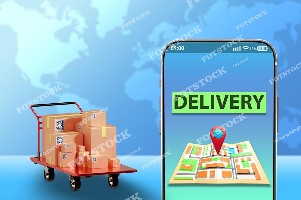 На фото изображены тележка с множеством коробок и смартфон с картой и надписью «Delivery» на фоне карты мира. Элементы подчёркивают глобальный характер логистики, автоматизацию и цифровые решения в сфере доставки. Изображение символизирует мобильные технологии и глобальные поставки.
