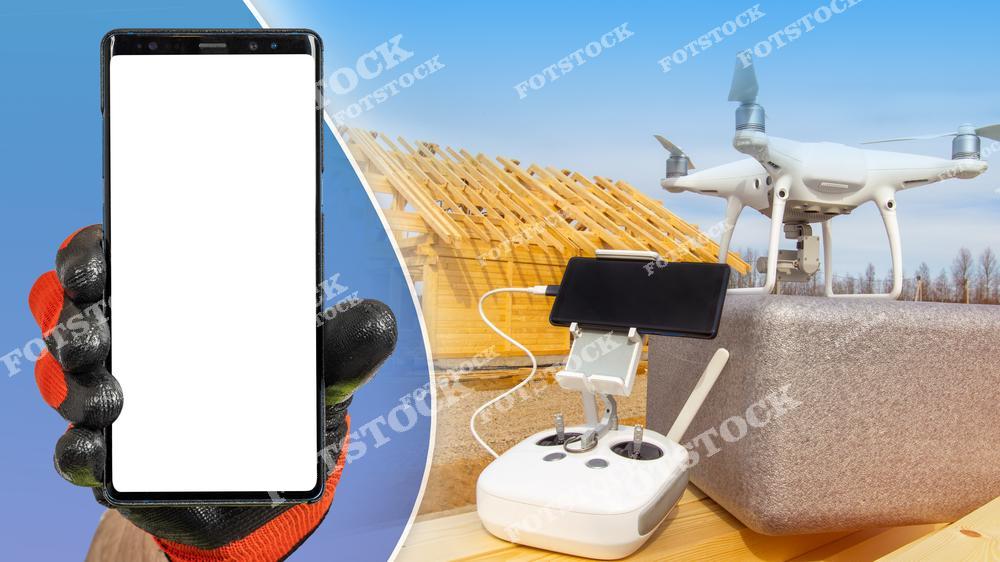 Современная концепция строительных технологий с дроном и смартфоном с пустым экраном для размещения рекламы или мобильного приложения. Использование беспилотных технологий для мониторинга строительной площадки, инженерного контроля и управления строительными процессами. Изображение отражает инновационные технологии в строительстве, цифровой контроль объектов, аэрофотосъемку и автоматизацию строительной индустрии. Дрон рядом с мобильным телефоном символизирует современные решения для строительного бизнеса, дистанционного наблюдения, GPS навигации и анализа строительных проектов. Иллюстрация идеально подходит для рекламы строительных компаний, мобильных приложений, инженерных сервисов, технологий умного строительства и цифрового мониторинга объектов.