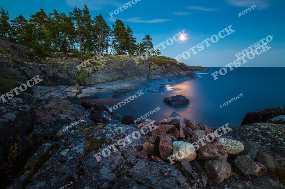 На фотографии изображён ночной пейзаж Ладожских шхер в Карелии. Камни и скалы, освещённые луной, создают таинственную и романтичную атмосферу. Вода спокойна, отражая лунный свет и придавая пейзажу особую глубину. Ладожские шхеры — это уникальный природный комплекс, включающий множество островов, скал и заливов, которые особенно красивы в свете ночного неба.