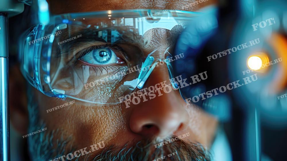 Фотография показывает мужчину, проходящего обследование зрения в офтальмологической клинике.